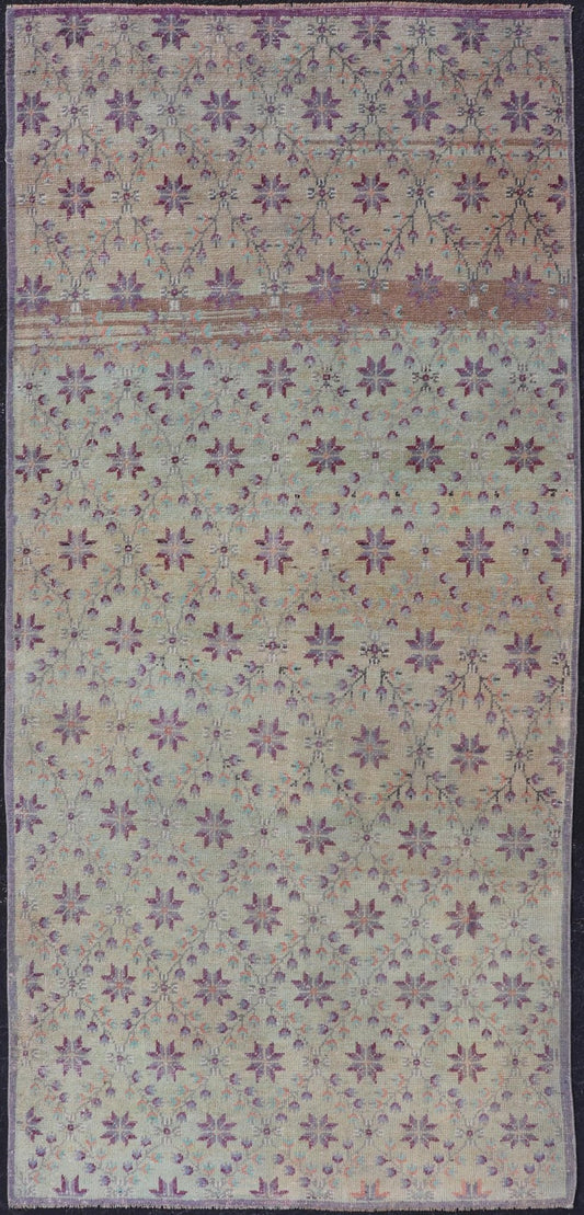 Vintage Turkish Oushak with Floral Blossoms and Latticework Design Measures: 4'4 x 9'5 This Turkish Oushak rug features uncommon composition for the region. This piece, heavily inspired by Tulu rugs from the Konya region, features a latti... - Keivan Woven ArtsEN - 179906 - 18914
