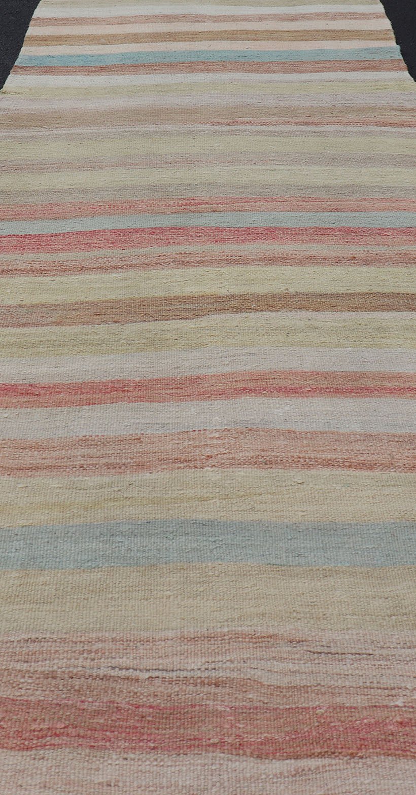Very Long Vintage Turkish Kilim Runner with Stripe Design in Multi Colors. Keivan Woven Arts / rug/ EN - 179915, country of origin / type: Turkey / Kilim, circa mid - 20th century. Long Kilim runner Measures: 2'10 x 20'1 This vintage flat - wo... - Keivan Woven ArtsEN - 179915 - 15410Rug