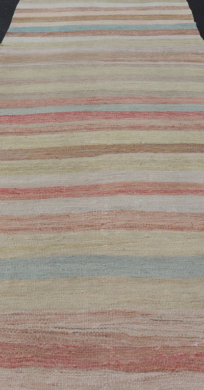 Very Long Vintage Turkish Kilim Runner with Stripe Design in Multi Colors. Keivan Woven Arts / rug/ EN - 179915, country of origin / type: Turkey / Kilim, circa mid - 20th century. Long Kilim runner Measures: 2'10 x 20'1 This vintage flat - wo... - Keivan Woven ArtsEN - 179915 - 15410Rug