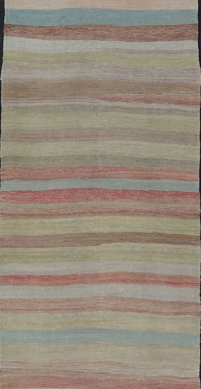 Very Long Vintage Turkish Kilim Runner with Stripe Design in Multi Colors. Keivan Woven Arts / rug/ EN - 179915, country of origin / type: Turkey / Kilim, circa mid - 20th century. Long Kilim runner Measures: 2'10 x 20'1 This vintage flat - wo... - Keivan Woven ArtsEN - 179915 - 15410Rug