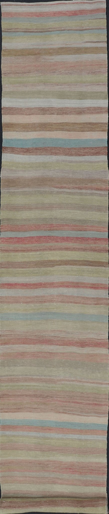 Very Long Vintage Turkish Kilim Runner with Stripe Design in Multi Colors. Keivan Woven Arts / rug/ EN - 179915, country of origin / type: Turkey / Kilim, circa mid - 20th century. Long Kilim runner Measures: 2'10 x 20'1 This vintage flat - wo... - Keivan Woven ArtsEN - 179915 - 15410Rug
