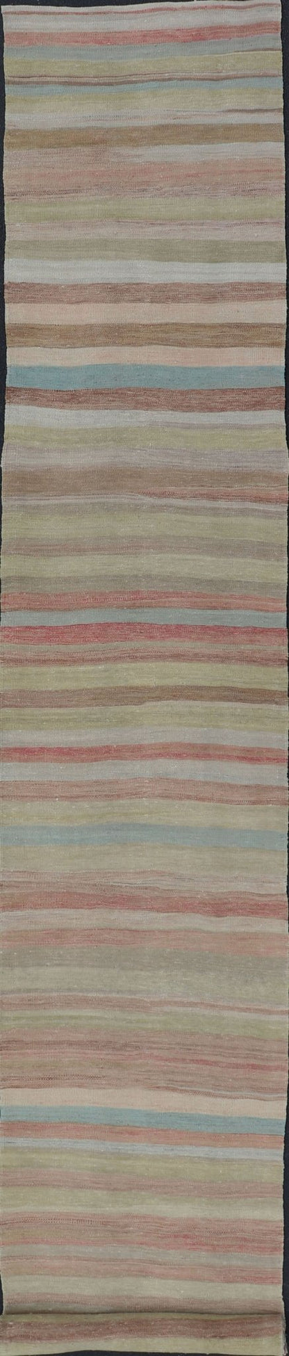 Very Long Vintage Turkish Kilim Runner with Stripe Design in Multi Colors. Keivan Woven Arts / rug/ EN - 179915, country of origin / type: Turkey / Kilim, circa mid - 20th century. Long Kilim runner Measures: 2'10 x 20'1 This vintage flat - wo... - Keivan Woven ArtsEN - 179915 - 15410Rug