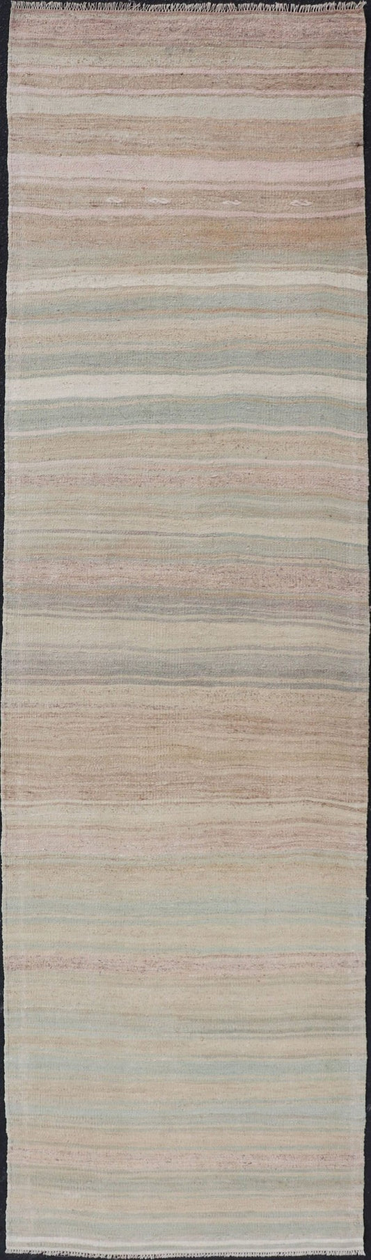 Striped Vintage Turkish Flat - Weave Runner in Light Green, Pink, Tan, and Taupe. Keivan Woven Arts. rug / EN - 179920, country of origin / type: Turkey / Kilim, circa 1950 Measures:2'11 x 10'8 This softly striped - design vintage runner from ... - Keivan Woven ArtsEN - 179920 - 17676