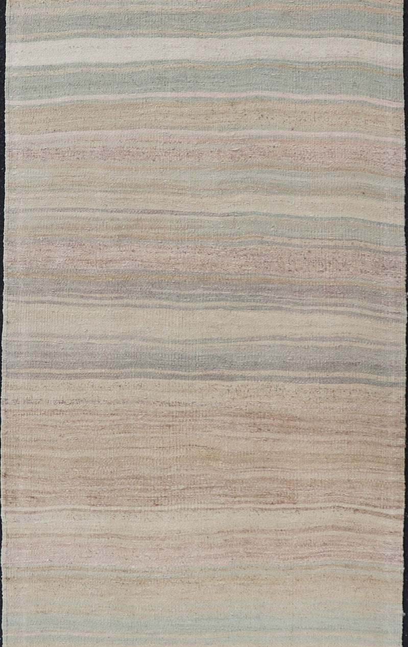 Striped Vintage Turkish Flat - Weave Runner in Light Green, Pink, Tan, and Taupe. Keivan Woven Arts. rug / EN - 179920, country of origin / type: Turkey / Kilim, circa 1950 Measures:2'11 x 10'8 This softly striped - design vintage runner from ... - Keivan Woven ArtsEN - 179920 - 17676Rug