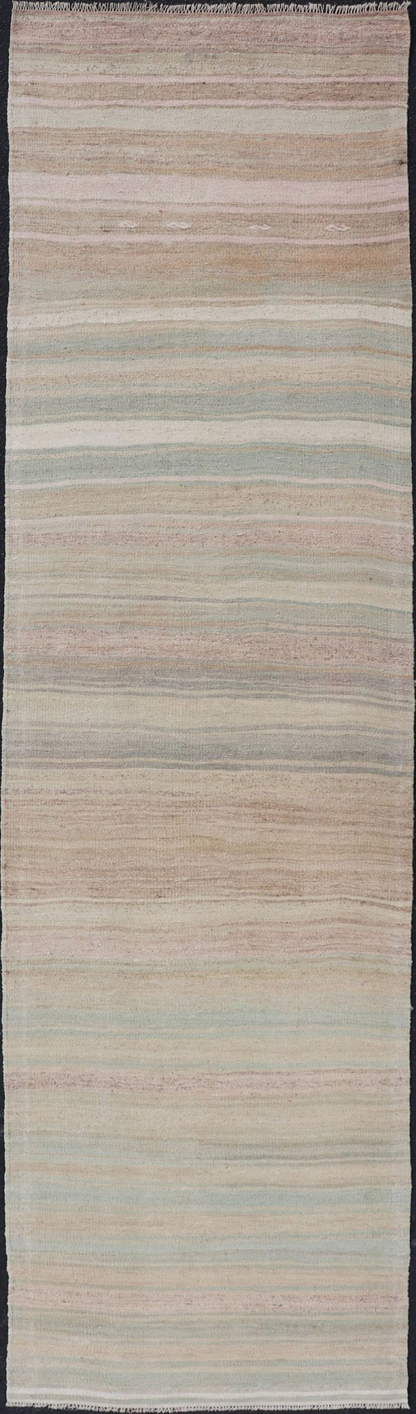 Striped Vintage Turkish Flat - Weave Runner in Light Green, Pink, Tan, and Taupe. Keivan Woven Arts. rug / EN - 179920, country of origin / type: Turkey / Kilim, circa 1950 Measures:2'11 x 10'8 This softly striped - design vintage runner from ... - Keivan Woven ArtsEN - 179920 - 17676Rug