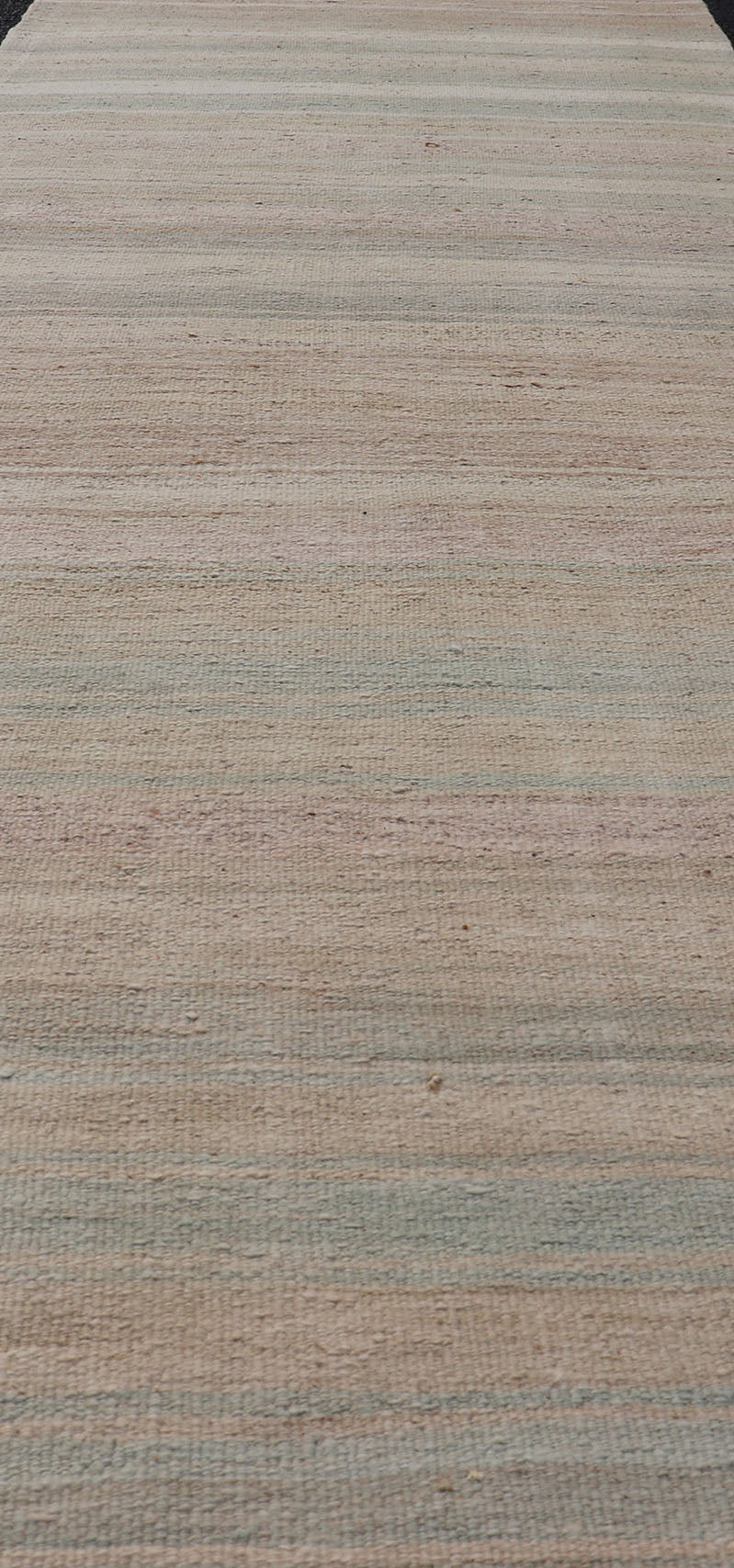 Striped Vintage Turkish Flat - Weave Runner in Light Green, Pink, Tan, and Taupe. Keivan Woven Arts. rug / EN - 179920, country of origin / type: Turkey / Kilim, circa 1950 Measures:2'11 x 10'8 This softly striped - design vintage runner from ... - Keivan Woven ArtsEN - 179920 - 17676Rug