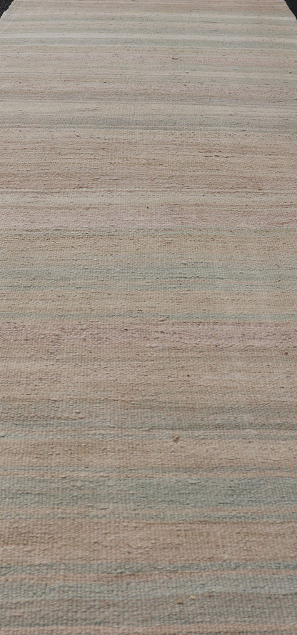 Striped Vintage Turkish Flat - Weave Runner in Light Green, Pink, Tan, and Taupe. Keivan Woven Arts. rug / EN - 179920, country of origin / type: Turkey / Kilim, circa 1950 Measures:2'11 x 10'8 This softly striped - design vintage runner from ... - Keivan Woven ArtsEN - 179920 - 17676Rug