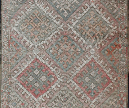 Vintage Turkish Embroidered Kilim Rug with Geometric Diamond Design. rug EN - 179940, Keivan Woven Arts / country of origin / type: Turkey / Kilim, circa 1950. Measures: 6'3 x 10'4 Embroidered vintage flat weave rug from Turkey in shades of multi ... - Keivan Woven ArtsEN - 179940 - 15416Rug