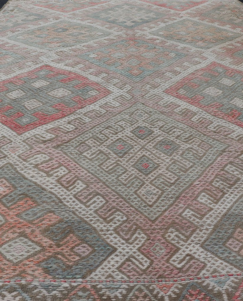 Vintage Turkish Embroidered Kilim Rug with Geometric Diamond Design. rug EN - 179940, Keivan Woven Arts / country of origin / type: Turkey / Kilim, circa 1950. Measures: 6'3 x 10'4 Embroidered vintage flat weave rug from Turkey in shades of multi ... - Keivan Woven ArtsEN - 179940 - 15416Rug