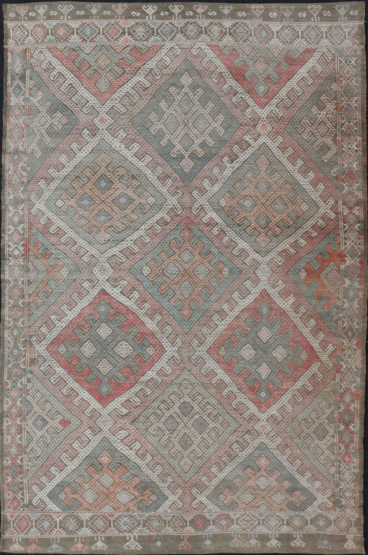 Vintage Turkish Embroidered Kilim Rug with Geometric Diamond Design. rug EN - 179940, Keivan Woven Arts / country of origin / type: Turkey / Kilim, circa 1950. Measures: 6'3 x 10'4 Embroidered vintage flat weave rug from Turkey in shades of multi ... - Keivan Woven ArtsEN - 179940 - 15416Rug