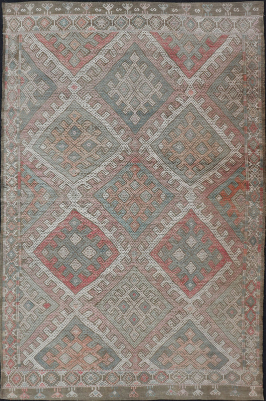 Vintage Turkish Embroidered Kilim Rug with Geometric Diamond Design. rug EN - 179940, Keivan Woven Arts / country of origin / type: Turkey / Kilim, circa 1950. Measures: 6'3 x 10'4 Embroidered vintage flat weave rug from Turkey in shades of multi ... - Keivan Woven ArtsEN - 179940 - 15416Rug