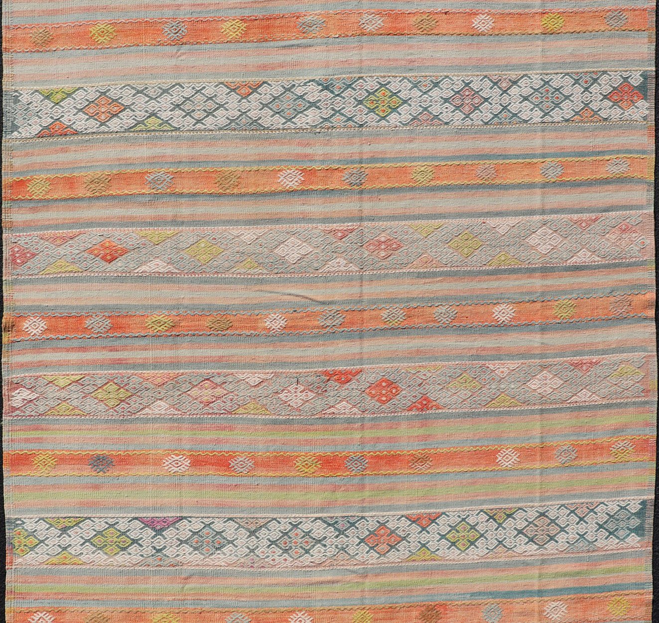 Colorful Vintage Turkish Embroidered Kilim With Stripe's and Geometric Motifs. Geometric stripe design Kilim rug in multi - colors, Keivan Woven Arts / rug EN - 179941, country of origin / type: Turkey / Kilim, circa 1950 This vintage Kilim displays... - Keivan Woven ArtsEN - 179941 - 14258Rug