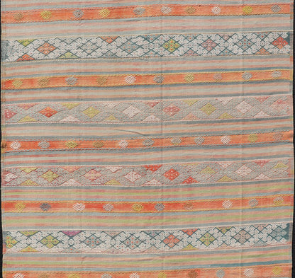 Colorful Vintage Turkish Embroidered Kilim With Stripe's and Geometric Motifs. Geometric stripe design Kilim rug in multi - colors, Keivan Woven Arts / rug EN - 179941, country of origin / type: Turkey / Kilim, circa 1950 This vintage Kilim displays... - Keivan Woven ArtsEN - 179941 - 14258Rug