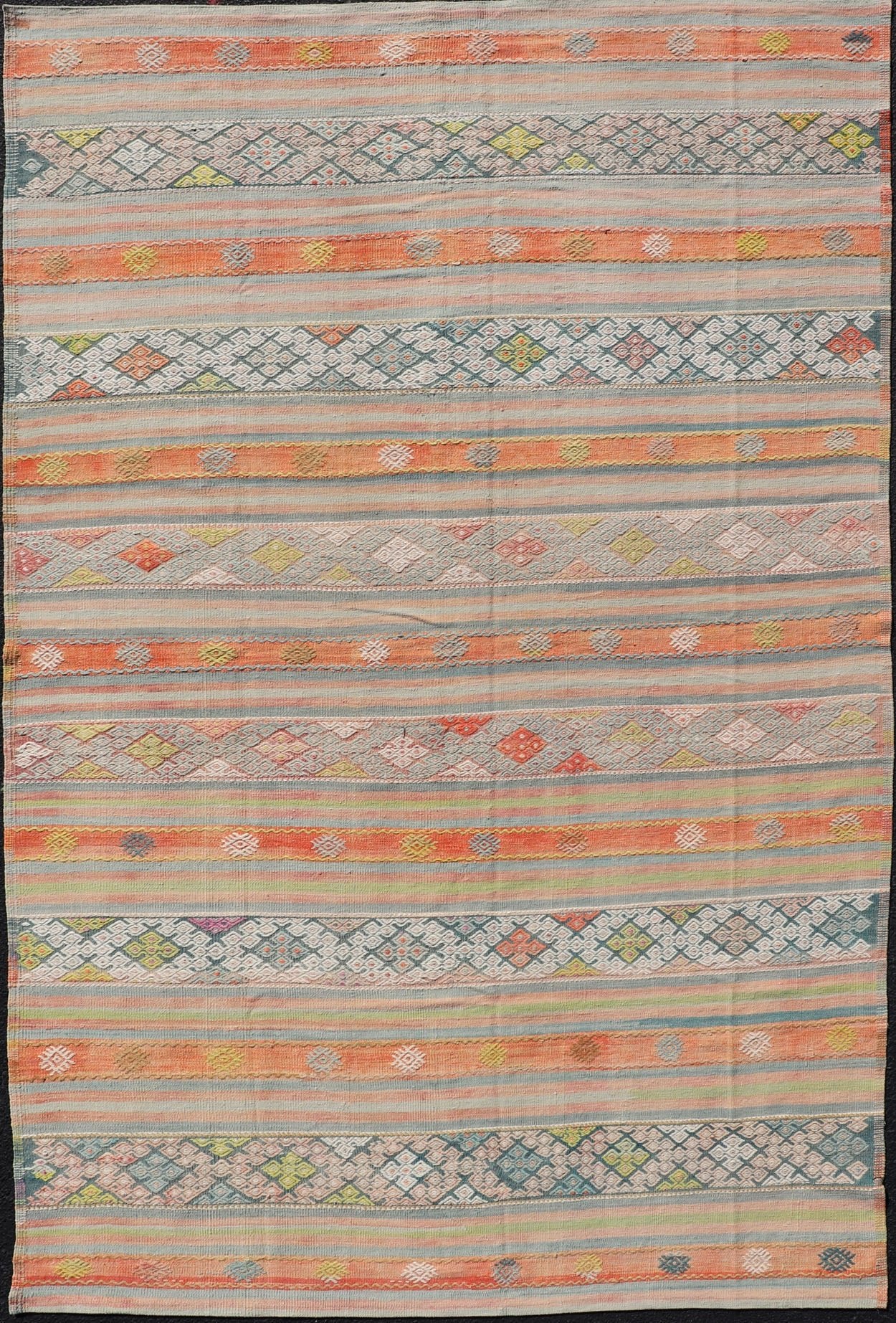 Colorful Vintage Turkish Embroidered Kilim With Stripe's and Geometric Motifs. Geometric stripe design Kilim rug in multi - colors, Keivan Woven Arts / rug EN - 179941, country of origin / type: Turkey / Kilim, circa 1950 This vintage Kilim displays... - Keivan Woven ArtsEN - 179941 - 14258Rug