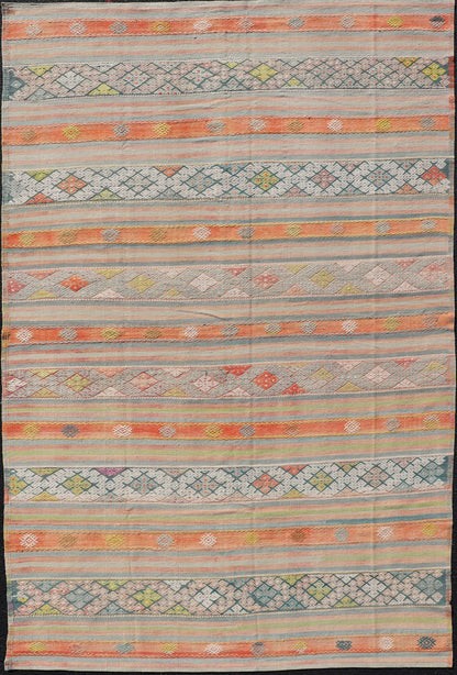 Colorful Vintage Turkish Embroidered Kilim With Stripe's and Geometric Motifs. Geometric stripe design Kilim rug in multi - colors, Keivan Woven Arts / rug EN - 179941, country of origin / type: Turkey / Kilim, circa 1950 This vintage Kilim displays... - Keivan Woven ArtsEN - 179941 - 14258Rug