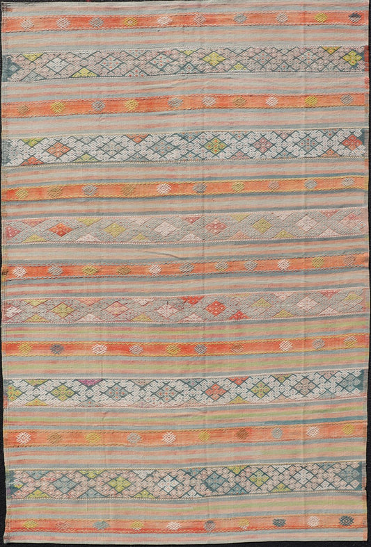 Colorful Vintage Turkish Embroidered Kilim With Stripe's and Geometric Motifs. Geometric stripe design Kilim rug in multi - colors, Keivan Woven Arts / rug EN - 179941, country of origin / type: Turkey / Kilim, circa 1950 This vintage Kilim displays... - Keivan Woven ArtsEN - 179941 - 14258Rug
