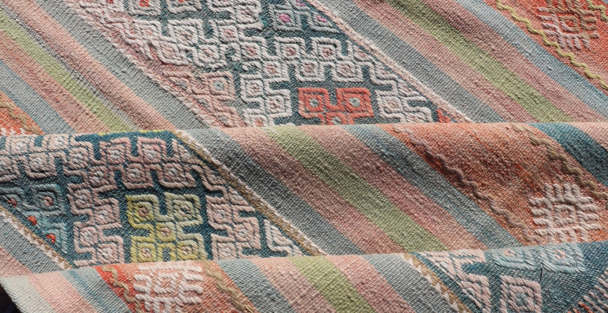 Colorful Vintage Turkish Embroidered Kilim With Stripe's and Geometric Motifs. Geometric stripe design Kilim rug in multi - colors, Keivan Woven Arts / rug EN - 179941, country of origin / type: Turkey / Kilim, circa 1950 This vintage Kilim displays... - Keivan Woven ArtsEN - 179941 - 14258Rug