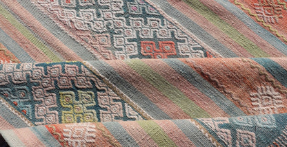 Colorful Vintage Turkish Embroidered Kilim With Stripe's and Geometric Motifs. Geometric stripe design Kilim rug in multi - colors, Keivan Woven Arts / rug EN - 179941, country of origin / type: Turkey / Kilim, circa 1950 This vintage Kilim displays... - Keivan Woven ArtsEN - 179941 - 14258Rug