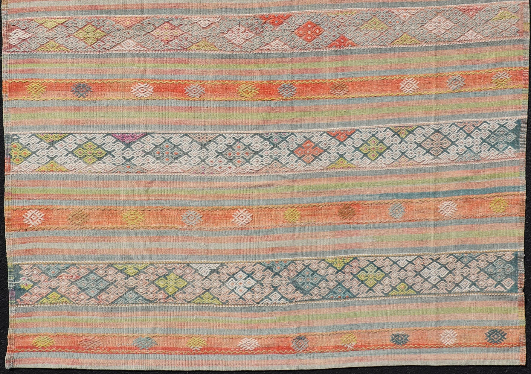 Colorful Vintage Turkish Embroidered Kilim With Stripe's and Geometric Motifs. Geometric stripe design Kilim rug in multi - colors, Keivan Woven Arts / rug EN - 179941, country of origin / type: Turkey / Kilim, circa 1950 This vintage Kilim displays... - Keivan Woven ArtsEN - 179941 - 14258Rug