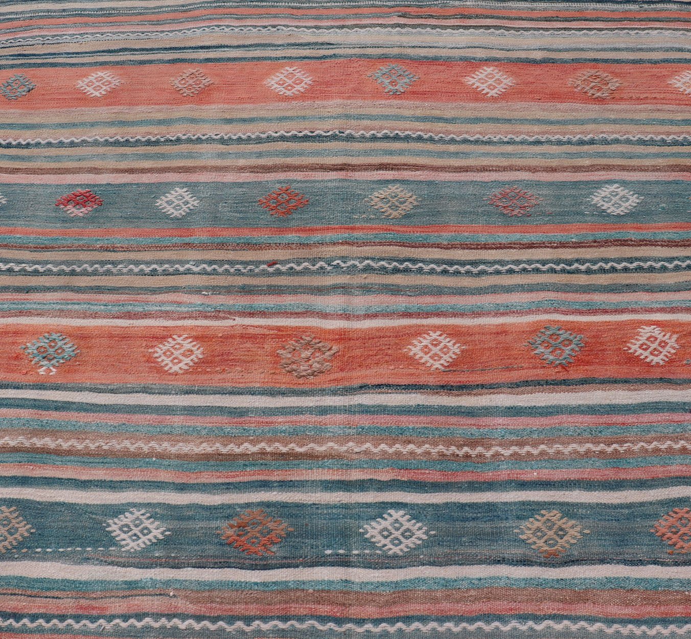 Colorful Vintage Turkish Embroidered Kilim with Stripes and Geometric Motifs. Keivan Woven Arts / rug EN - 179945, country of origin / type: Turkey / Kilim, circa 1950 Measures: 5'5 x 10'4 This vintage Turkish flat - woven Kilim features a minimalis... - Keivan Woven ArtsEN - 179945 - 15420Rug