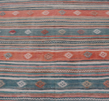 Colorful Vintage Turkish Embroidered Kilim with Stripes and Geometric Motifs. Keivan Woven Arts / rug EN - 179945, country of origin / type: Turkey / Kilim, circa 1950 Measures: 5'5 x 10'4 This vintage Turkish flat - woven Kilim features a minimalis... - Keivan Woven ArtsEN - 179945 - 15420Rug