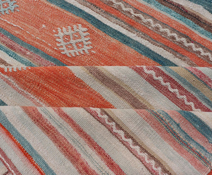 Colorful Vintage Turkish Embroidered Kilim with Stripes and Geometric Motifs. Keivan Woven Arts / rug EN - 179945, country of origin / type: Turkey / Kilim, circa 1950 Measures: 5'5 x 10'4 This vintage Turkish flat - woven Kilim features a minimalis... - Keivan Woven ArtsEN - 179945 - 15420Rug
