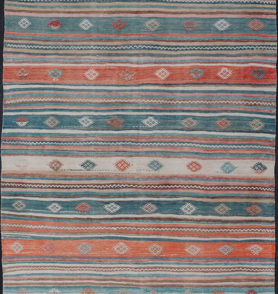 Colorful Vintage Turkish Embroidered Kilim with Stripes and Geometric Motifs. Keivan Woven Arts / rug EN - 179945, country of origin / type: Turkey / Kilim, circa 1950 Measures: 5'5 x 10'4 This vintage Turkish flat - woven Kilim features a minimalis... - Keivan Woven ArtsEN - 179945 - 15420Rug