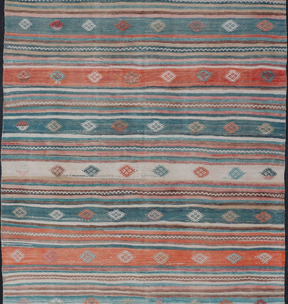 Colorful Vintage Turkish Embroidered Kilim with Stripes and Geometric Motifs. Keivan Woven Arts / rug EN - 179945, country of origin / type: Turkey / Kilim, circa 1950 Measures: 5'5 x 10'4 This vintage Turkish flat - woven Kilim features a minimalis... - Keivan Woven ArtsEN - 179945 - 15420Rug
