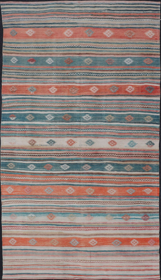 Colorful Vintage Turkish Embroidered Kilim with Stripes and Geometric Motifs. Keivan Woven Arts / rug EN - 179945, country of origin / type: Turkey / Kilim, circa 1950 Measures: 5'5 x 10'4 This vintage Turkish flat - woven Kilim features a minimalis... - Keivan Woven ArtsEN - 179945 - 15420
