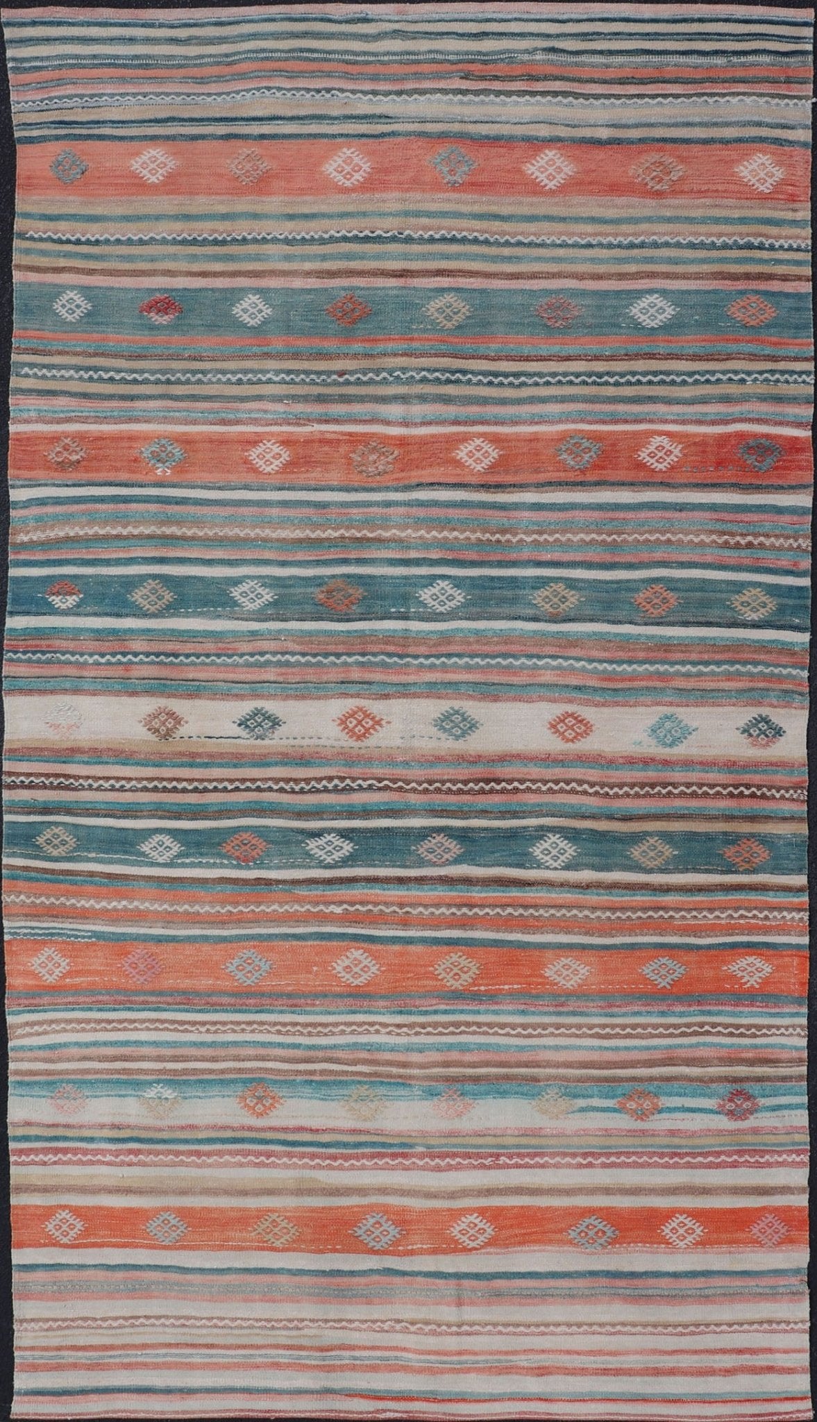 Colorful Vintage Turkish Embroidered Kilim with Stripes and Geometric Motifs. Keivan Woven Arts / rug EN - 179945, country of origin / type: Turkey / Kilim, circa 1950 Measures: 5'5 x 10'4 This vintage Turkish flat - woven Kilim features a minimalis... - Keivan Woven ArtsEN - 179945 - 15420Rug