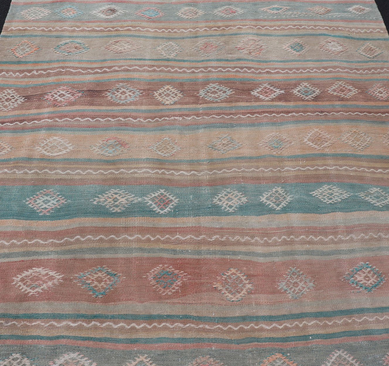 Vintage Turkish Gallery Kilim runner with Stripes and Tribal Motifs in Muted colorful Tones. Keivan Woven Arts / rug EN - 179946, country of origin / type: Turkey / Kilim, circa Mid - 20th Century. Measures: 5'4 x 11'9 Woven during the mid - ... - Keivan Woven ArtsEN - 179946 - 15424Rug