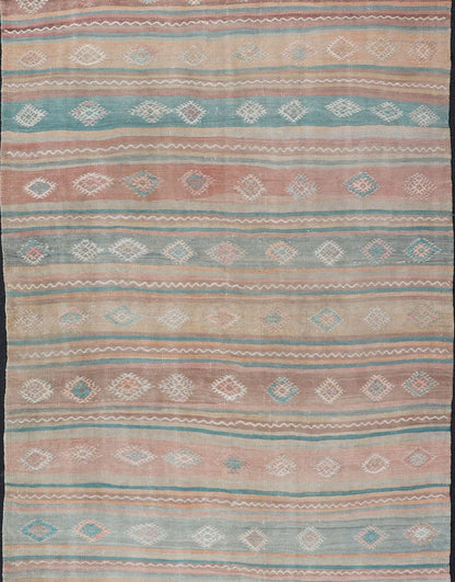 Vintage Turkish Gallery Kilim runner with Stripes and Tribal Motifs in Muted colorful Tones. Keivan Woven Arts / rug EN - 179946, country of origin / type: Turkey / Kilim, circa Mid - 20th Century. Measures: 5'4 x 11'9 Woven during the mid - ... - Keivan Woven ArtsEN - 179946 - 15424Rug