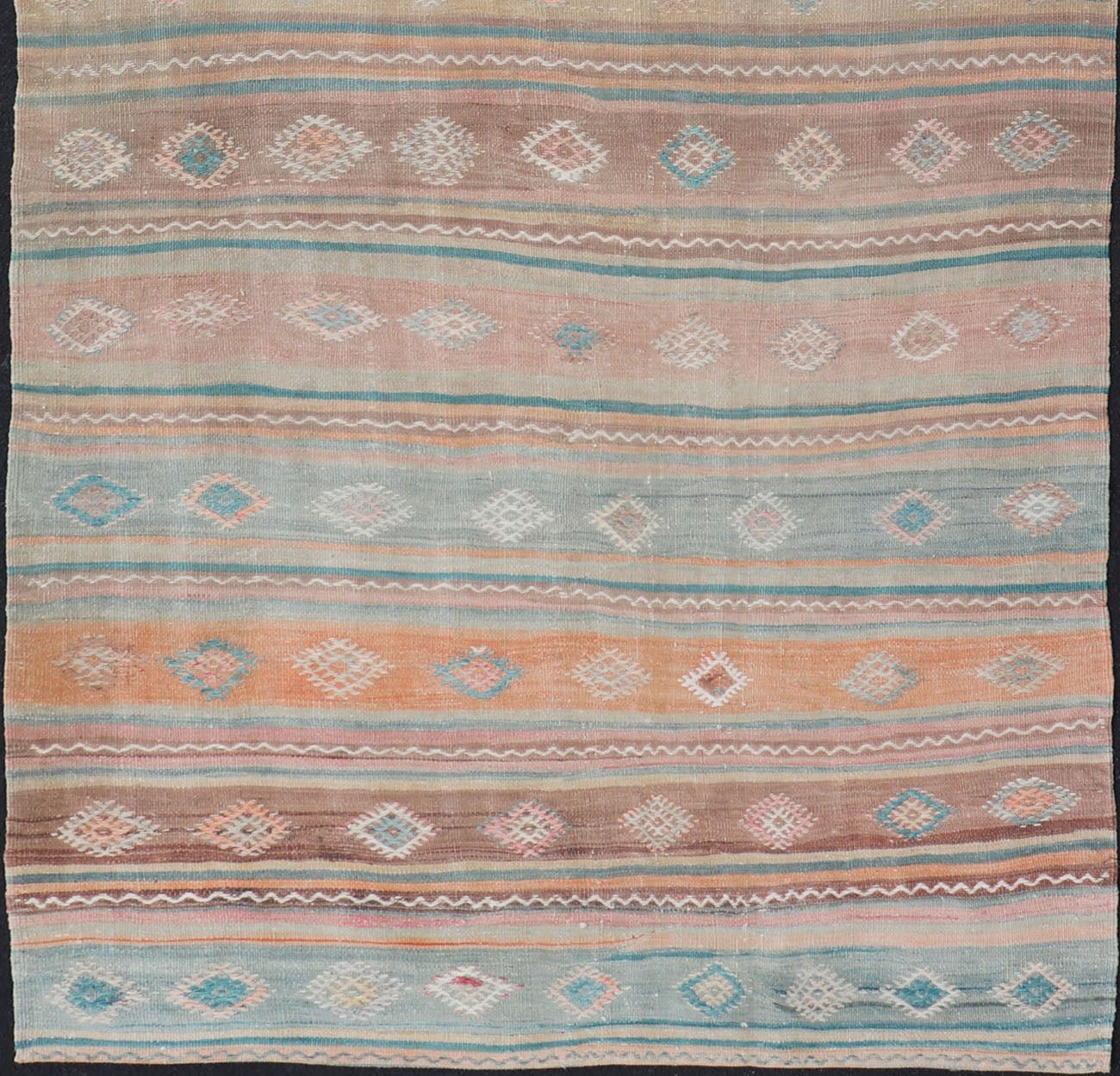 Vintage Turkish Gallery Kilim runner with Stripes and Tribal Motifs in Muted colorful Tones. Keivan Woven Arts / rug EN - 179946, country of origin / type: Turkey / Kilim, circa Mid - 20th Century. Measures: 5'4 x 11'9 Woven during the mid - ... - Keivan Woven ArtsEN - 179946 - 15424Rug