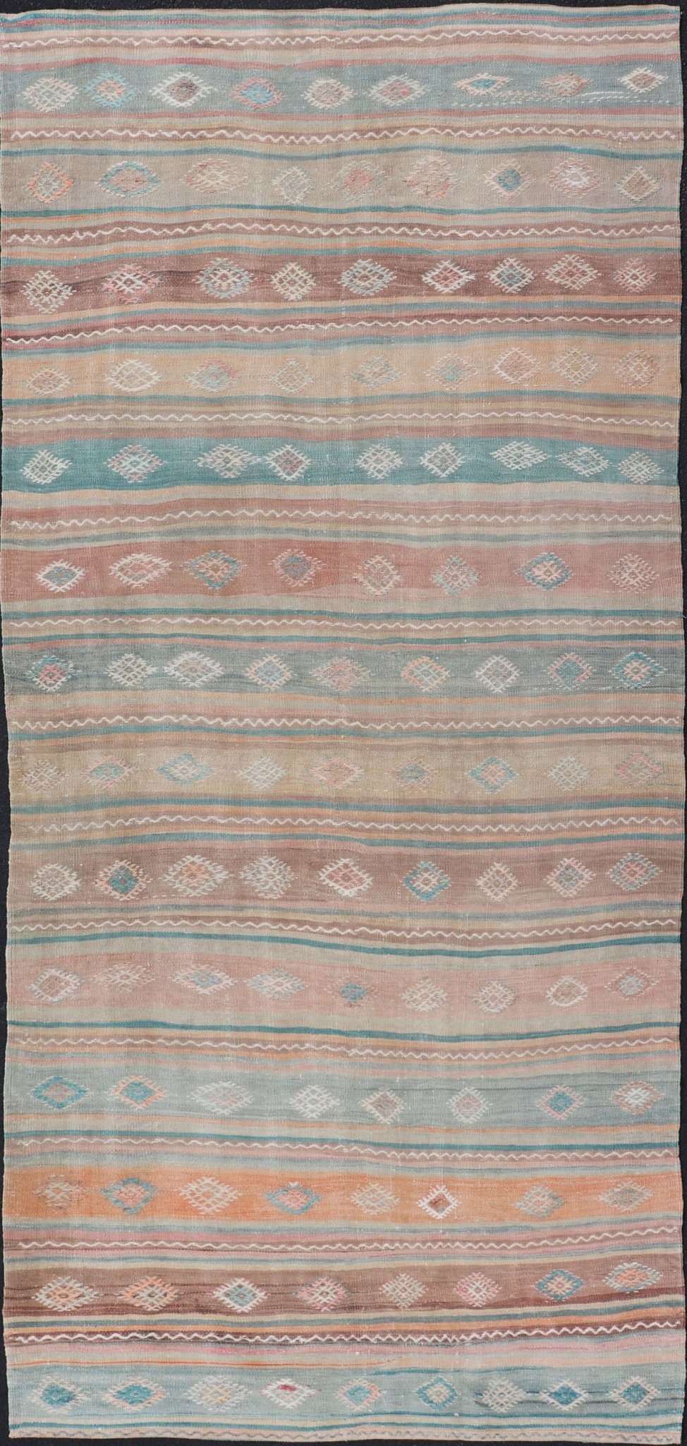 Vintage Turkish Gallery Kilim runner with Stripes and Tribal Motifs in Muted colorful Tones. Keivan Woven Arts / rug EN - 179946, country of origin / type: Turkey / Kilim, circa Mid - 20th Century. Measures: 5'4 x 11'9 Woven during the mid - ... - Keivan Woven ArtsEN - 179946 - 15424Rug