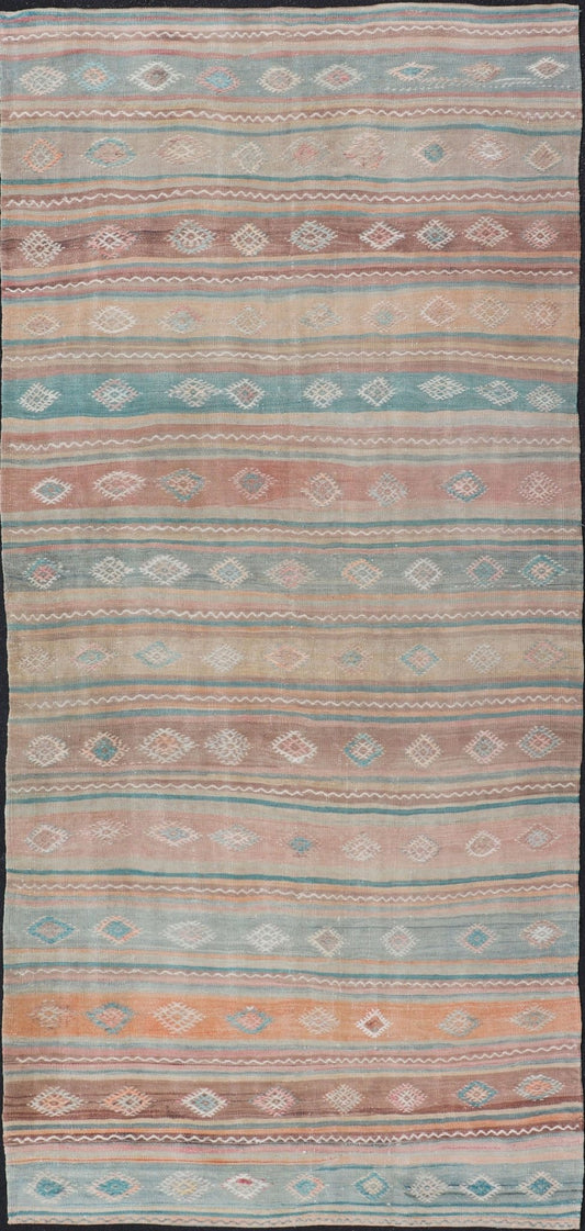 Vintage Turkish Gallery Kilim runner with Stripes and Tribal Motifs in Muted colorful Tones. Keivan Woven Arts / rug EN - 179946, country of origin / type: Turkey / Kilim, circa Mid - 20th Century. Measures: 5'4 x 11'9 Woven during the mid - ... - Keivan Woven ArtsEN - 179946 - 15424