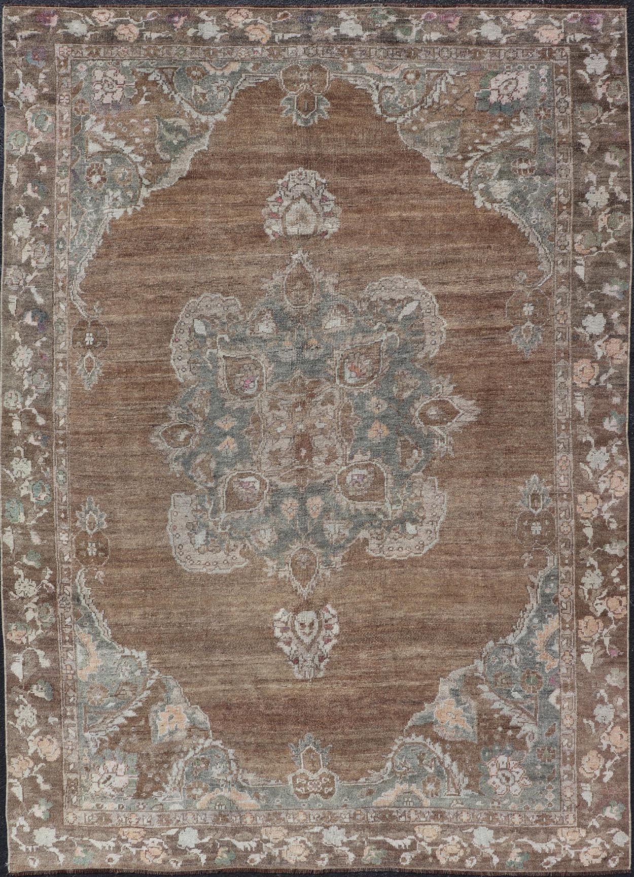 Vintage Turkish Kars Rug with Floral Medallion in Camel, Tan, Taupe and Gray Vintage Turkish Kars rug with floral medallion in camel, tan, taupe, gray, cream. Keivan Woven Arts / rug EN - 179950, country of origin / type: Turkey / Oushak/Kars, cir... - Keivan Woven ArtsEN - 179950 - 18920Rug