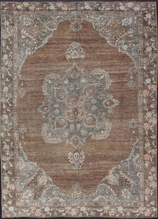 Vintage Turkish Kars Rug with Floral Medallion in Camel, Tan, Taupe and Gray Vintage Turkish Kars rug with floral medallion in camel, tan, taupe, gray, cream. Keivan Woven Arts / rug EN - 179950, country of origin / type: Turkey / Oushak/Kars, cir... - Keivan Woven ArtsEN - 179950 - 18920Rug