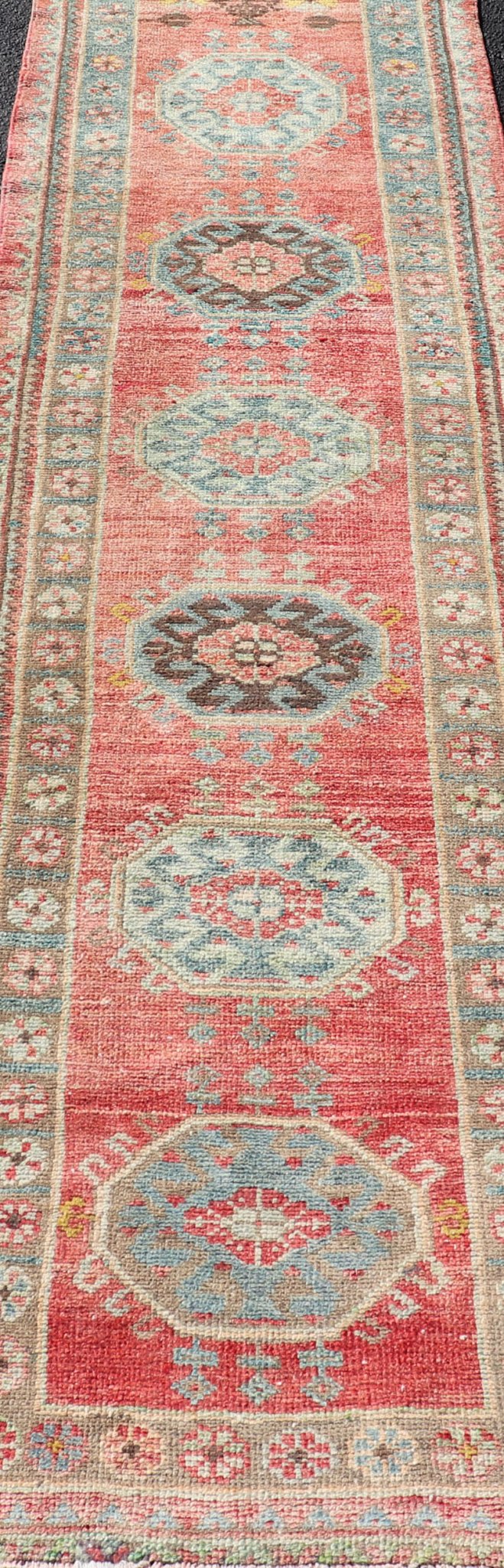 Vintage Hand Knotted Oushak Turkish Runner with Geometric Medallion Design Vintage Oushak runner from Turkey with Medallion design in various blue, soft red, brown, yellow and tan tones, Keivan Woven Arts / rug EN - 179957, country of origin / typ... - Keivan Woven ArtsEN - 179957 - 17682Rug