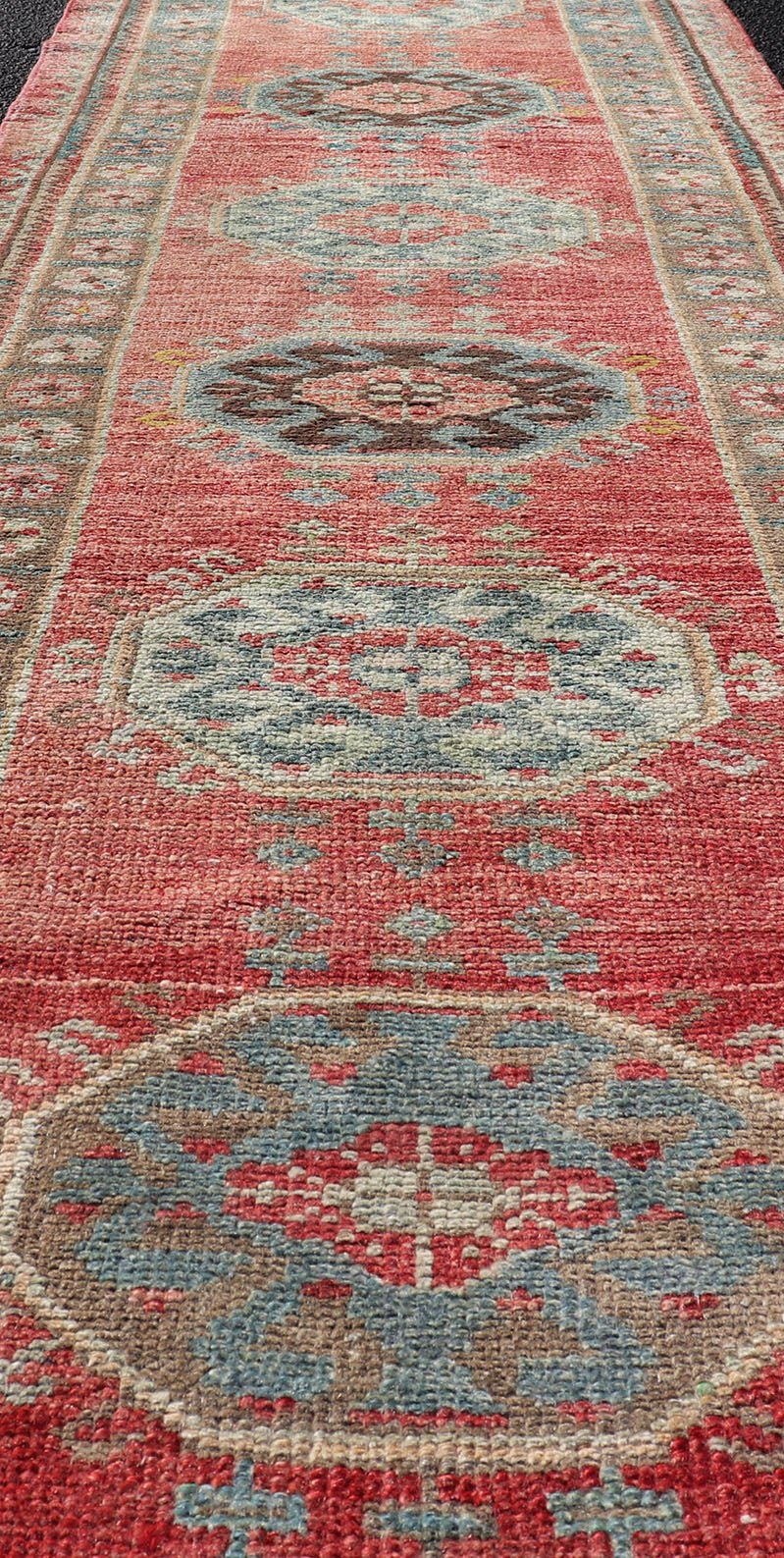 Vintage Hand Knotted Oushak Turkish Runner with Geometric Medallion Design Vintage Oushak runner from Turkey with Medallion design in various blue, soft red, brown, yellow and tan tones, Keivan Woven Arts / rug EN - 179957, country of origin / typ... - Keivan Woven ArtsEN - 179957 - 17682Rug