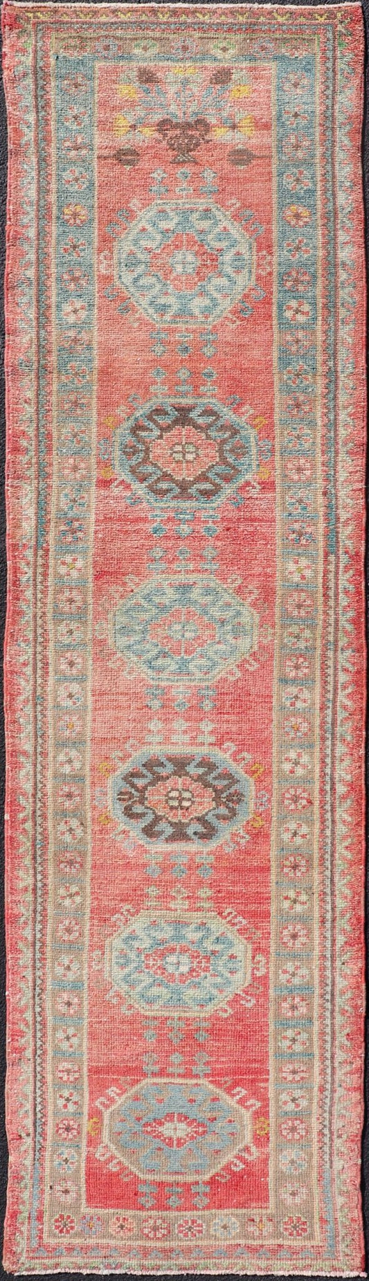 Vintage Hand Knotted Oushak Turkish Runner with Geometric Medallion Design Vintage Oushak runner from Turkey with Medallion design in various blue, soft red, brown, yellow and tan tones, Keivan Woven Arts / rug EN - 179957, country of origin / typ... - Keivan Woven ArtsEN - 179957 - 17682Rug