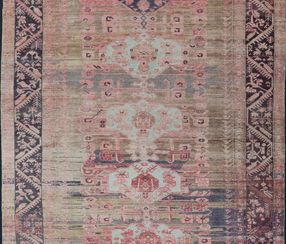 Antique Turkish fine weave Oushak Rug in Light Green and Color Variation Early 20th century finely woven antique Turkish Oushak rug with abrash/color variation in the center. The background consist of light Green Background with pink and blue.... - Keivan Woven ArtsEN - 179970 - 14422Rug