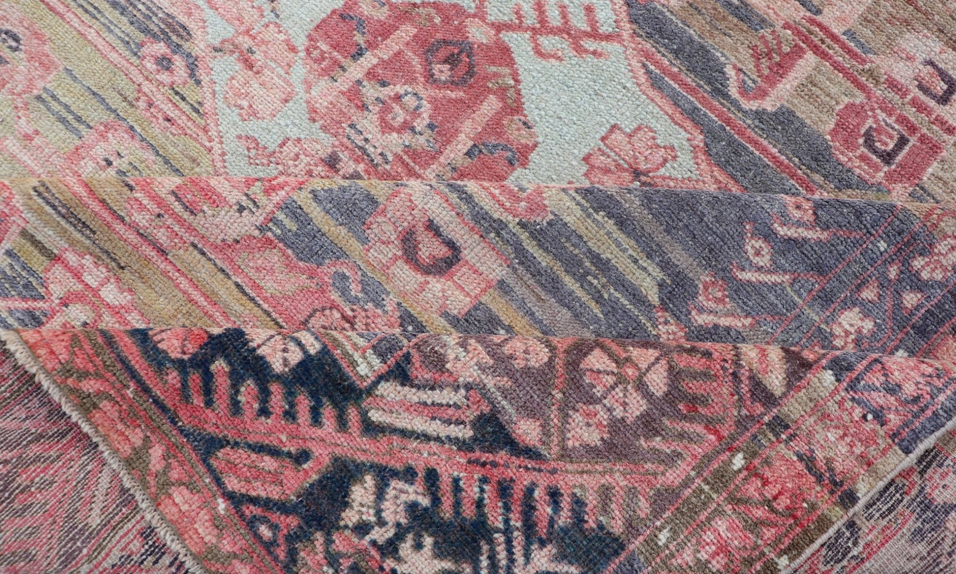 Antique Turkish fine weave Oushak Rug in Light Green and Color Variation Early 20th century finely woven antique Turkish Oushak rug with abrash/color variation in the center. The background consist of light Green Background with pink and blue.... - Keivan Woven ArtsEN - 179970 - 14422Rug