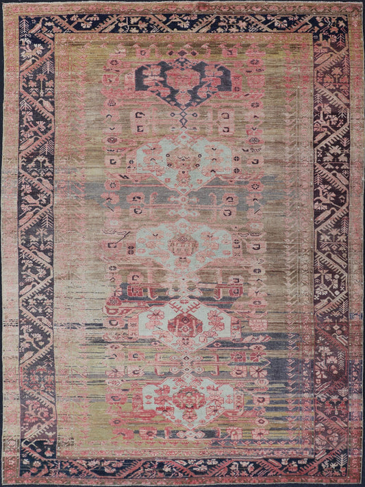 Antique Turkish fine weave Oushak Rug in Light Green and Color Variation Early 20th century finely woven antique Turkish Oushak rug with abrash/color variation in the center. The background consist of light Green Background with pink and blue.... - Keivan Woven ArtsEN - 179970 - 14422Rug