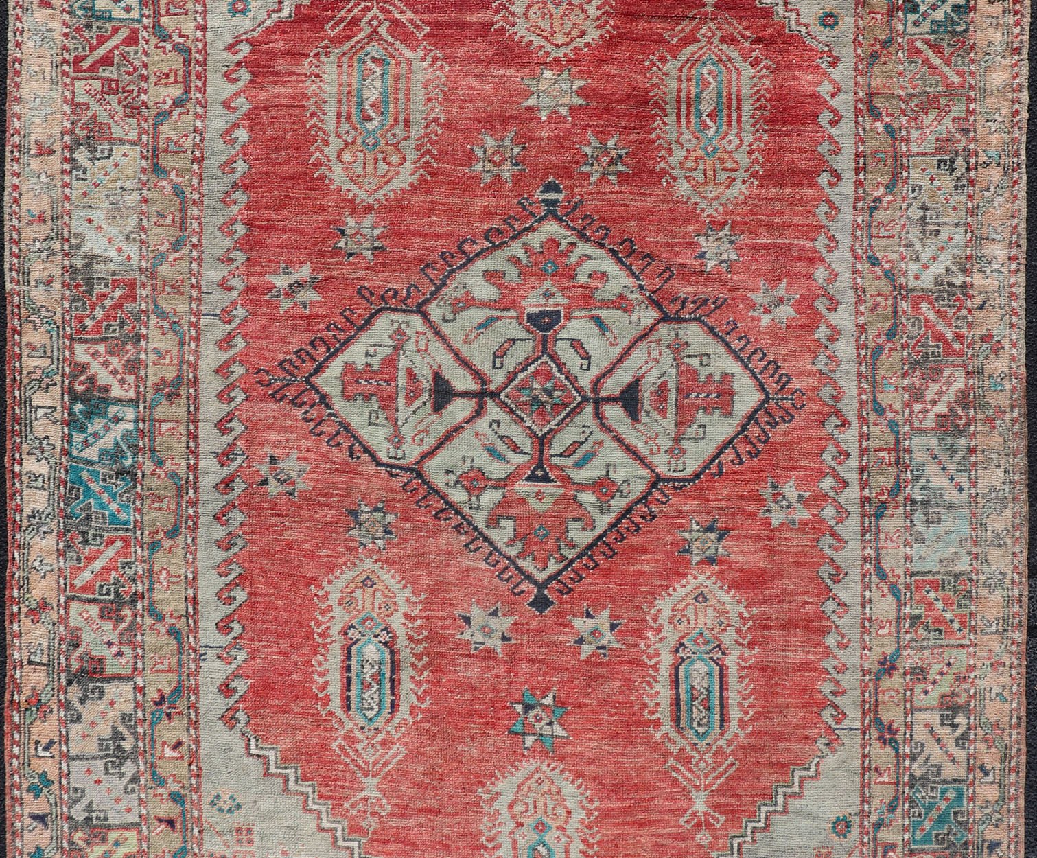 Antique Oushak in Rust, Green, Light Blue, Taupe, Brown, Teal and Silver Colors. Vibrant Medallion design Turkish antique rug, Keivan Woven Arts / rug EN - 179973, country of origin / type: Turkey / Oushak, circa 1920 This antique Turkish o... - Keivan Woven ArtsEN - 179973 - 14262Rug