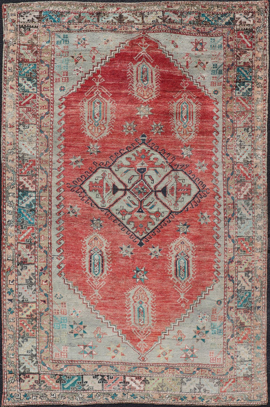 Antique Oushak in Rust, Green, Light Blue, Taupe, Brown, Teal and Silver Colors. Vibrant Medallion design Turkish antique rug, Keivan Woven Arts / rug EN - 179973, country of origin / type: Turkey / Oushak, circa 1920 This antique Turkish o... - Keivan Woven ArtsEN - 179973 - 14262Rug