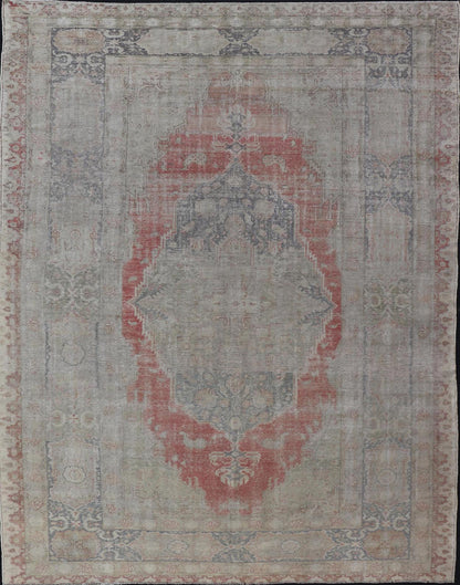 Measures: 9'7 x 13'7 Antique Hand Knotted Turkish Oushak with Large Medallion in Off White and Coral. Keivan Woven Arts / rug EN - 179974, country of origin / type: Turkey / Oushak, circa 1920 This large antique Turkish Oushak rug bears a off whit... - Keivan Woven ArtsEN - 179974 - 21949Rug