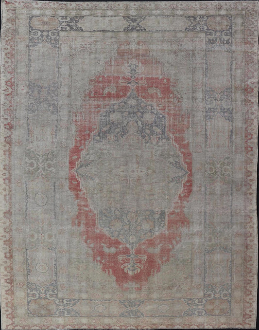 Measures: 9'7 x 13'7 Antique Hand Knotted Turkish Oushak with Large Medallion in Off White and Coral. Keivan Woven Arts / rug EN - 179974, country of origin / type: Turkey / Oushak, circa 1920 This large antique Turkish Oushak rug bears a off whit... - Keivan Woven ArtsEN - 179974 - 21949Rug