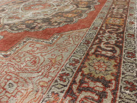 Antique Turkish Oushak Rug with Floral Medallion in Red, Charcoal and Cream Measures: 6'8 x 10'2. Antique Turkish Oushak rug with floral medallion in red, charcoal and cream, Keivan Woven Arts/ rug en - 18, country of origin / type: Turkey... - Keivan Woven ArtsEN - 18 - 804Rug
