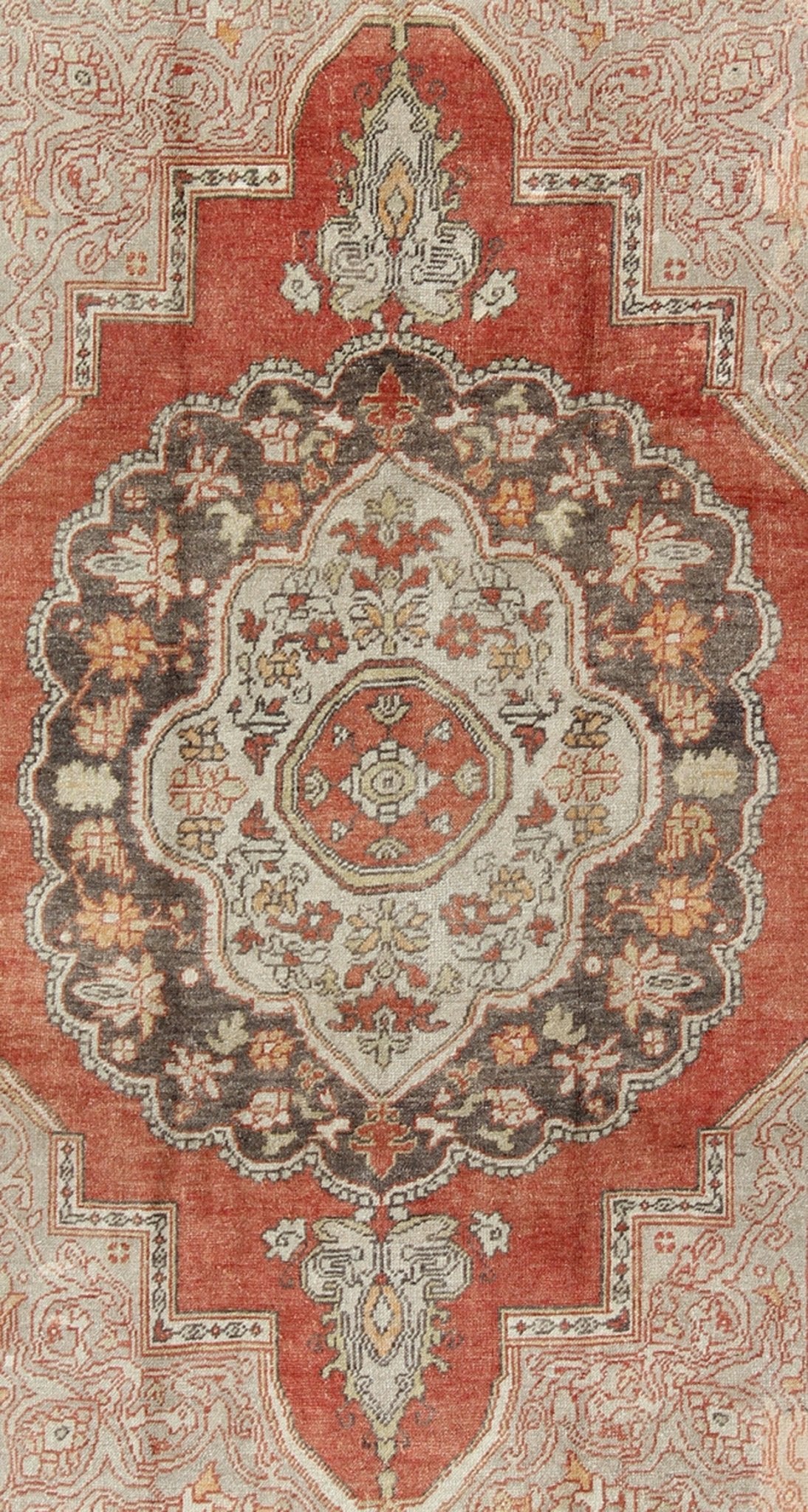 Antique Turkish Oushak Rug with Floral Medallion in Red, Charcoal and Cream Measures: 6'8 x 10'2. Antique Turkish Oushak rug with floral medallion in red, charcoal and cream, Keivan Woven Arts/ rug en - 18, country of origin / type: Turkey... - Keivan Woven ArtsEN - 18 - 804Rug
