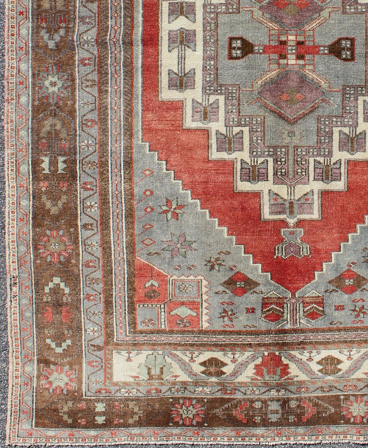 Red, Steel Blue, and Brown Vintage Turkish Oushak Rug with Layered Medallion, rug en - 181, country of origin / type: Turkey / Oushak, circa 1930 This vintage Oushak rug features an intricately beautiful design. The central multi - layred medallion ... - Keivan Woven ArtsEN - 181 - 3449Rug